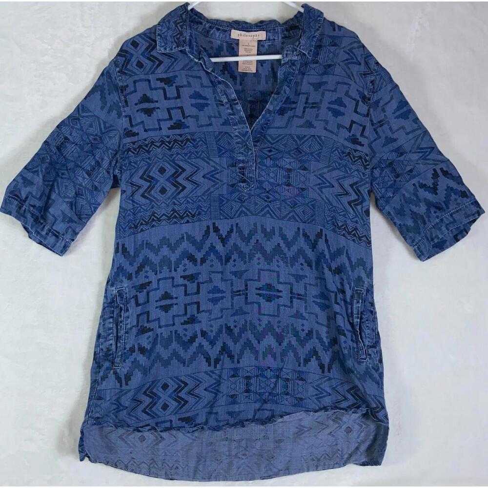 Philosophy Womens Dress Tunic Sz Large Aztec Chambray Western Boho Streetwear - Picture 1 of 12